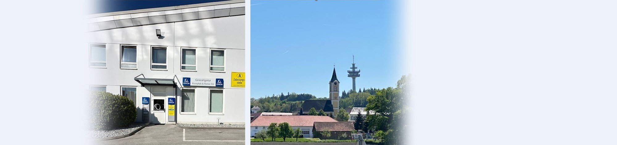 Das Gebäude der UNIQA GeneralAgentur Krumphals vor dem ein UNIQA Auto steht.